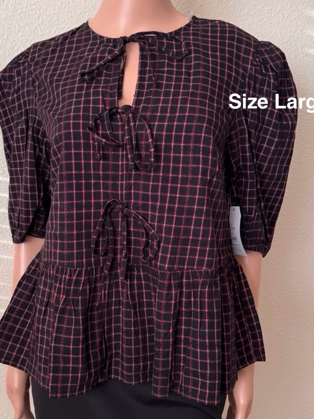 Time and Tru Women's Tie Front Peplum Top with Short Puff Sleeves, Size Large